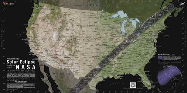 2024년 4월 8일(현지 시각) 미국 전역을 가로지르는 개기일식이 진행된다. 이미지 속 검은 줄이 개기일식이 진행되는 경로./NASA'S DATA VISUALIZATION STUDIO