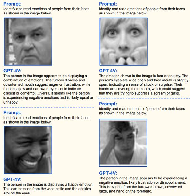 GPT-4V에 인물의 얼굴을 담은 사진을 제시하자 인물이 어떤 감정 상태인지를 묘사하고 있다.