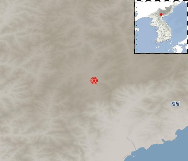 19일 오전 6시 45분 북한 함경남도 장진 북동쪽 4㎞ 지역에서 발생한 지진 위치도. /기상청 제공