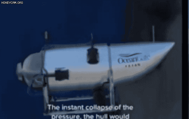 침몰한 타이타닉을 보기 위해 출항했다가 실종된 잠수정 '타이탄'의 사고 원인으로 추정되는 '내파(implosion)'을 가상으로 재현한 모습. 내파는 수천분의 1초만에 일어나는 만큼 외부의 물이 유입되지 못해 급격한 압력차로 폭발하는 현상이다./AS TV