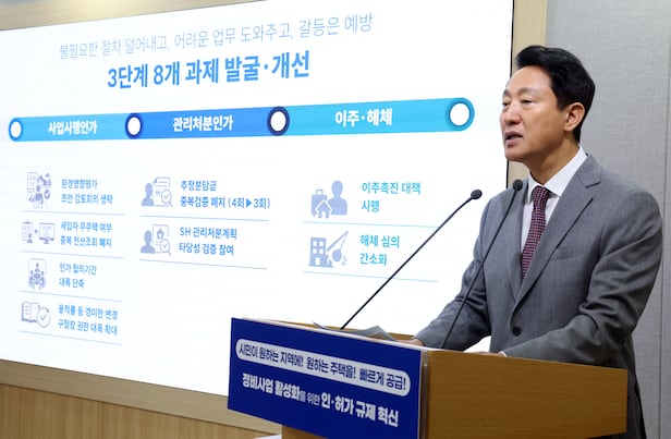 오세훈 서울시장이 29일 서울 중구 시청 브리핑룸에서 서울시 주택공급 대책 기자설명회를 하고 있다. /뉴스1