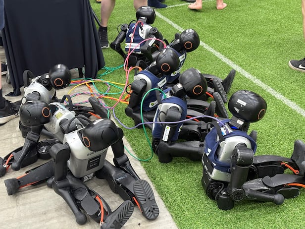 During the medium Humanoid Robot semifinal of Robocup 2026 at Songdo Convensia in Incheon on the 5th, Germany's HTWK Robots, which plays France's RHOBAN, is repaired during a break. Both teams' robots are the T1 model from China corporations Booster Robotics. /Courtesy of Kim, Sua