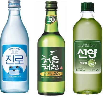 (왼쪽부터)올뉴진로, 처음처럼 클래식 20도, 선양 말차 소주.(각 사 제공)