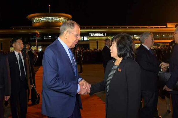 Sergey Lavrov, the Russian Foreign Minister (left), and Choe Son-hui, the North Korean Foreign Minister. The photo shows Sergey Lavrov shaking hands with Foreign Minister Choe Son-hui after completing his visit to North Korea in October 2023. /Courtesy of News1