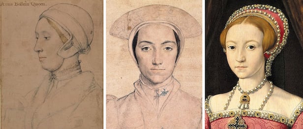 Left: a drawing inscribed Queen Anne Boleyn, a portrait sketch by a court painter in the time of Henry VIII. The figure is now thought to be Anne Boleyn's mother. AI analysis raises the possibility that the unidentified figure in the center image is Anne Boleyn. Right: a portrait of Elizabeth I at about age 13 by another court painter to Henry VIII. AI analysis finds a strong likelihood that the center figure and Elizabeth I are mother and daughter. /Courtesy of Royal Collection Trust, UK